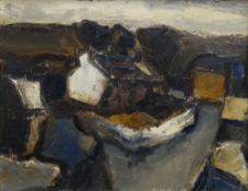 WILL ROBERTS oil on board - South Wales cottage below cloudy skyline, entitled verso on Attic