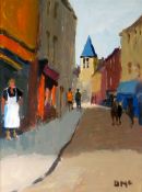 DONALD McINTYRE oil on board - figures outside shop fronts with church in background entitled