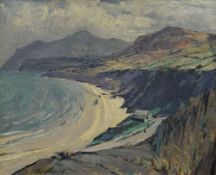 HARRY HUGHES WILLIAMS oil on board - expansive coastal scene at Nefyn with figures on the beach &