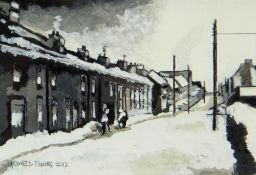 HOWELL DAVIES acrylic - South Wales street scene under snow entitled 'Winter Ogmore Vale' to