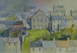 CHRIS GRIFFIN watercolour - chapel & South Wales Valley town, signed & dated '90, 12 x 16cms