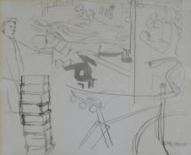 ERIC MALTHOUSE pen & ink drawing - figures and bicycle, signed, 23.5 x 28cms Provenance: The