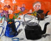 SHANI RHYS JAMES MBE oil on canvas - self-portrait with artist's head looking over a table of