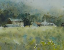 ANDREW DOUGLAS FORBES watercolour, a pair - whitewashed cottages on a hillside and farmstead, both