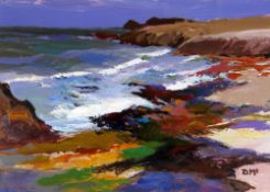 DONALD McINTYRE acrylic - coastal scene with crashing waves, signed with initials, 30 x 40cms
