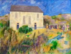 ANN REES oil on board - congregation leaving chapel on sunny day, entitled verso 'The Christening