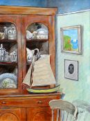 PAUL REES FRSA oil on canvas - interior study with china cabinet & sailboat, signed & dated 2001, 54