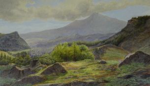JAMES THOMAS WATTS (1853-1930) watercolour - Snowdon from above Capel Curig on a bright day with