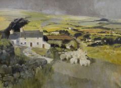 KEITH ANDREW oil on canvas - expansive landscape scene Gwyndy Bach with flock of sheep & two