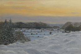 DAVID COWDREY oil on board - landscape, entitled 'Towy Valley from Dinefwr Park', signed, 44 x
