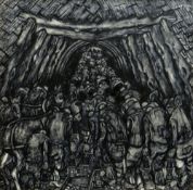 NICK EVANS oil on board - powerful & hypnotic coal mining illustration, depicting a vast number of