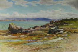 JAMES AITKEN watercolour - North Wales lake scene, signed & entitled label verso 'Boats on Bala