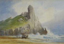 ALFRED PARKMAN watercolour - South Wales coastal view with figures on the shoreline & beached