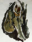 JOSEF HERMAN RA mixed media - crouched figure, entitled verso 'Seated Nude', signed verso, 25 x