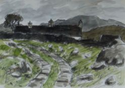 SIR KYFFIN WILLIAMS RA watercolour & pencil - rocky farm track with cottages under grey sky,