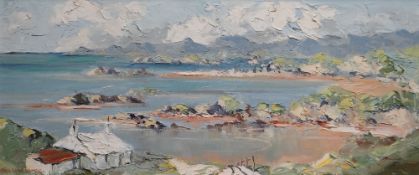 CHARLES WYATT WARREN oil on board - coastal landscape with white washed cottage, signed, 23 x 54cms