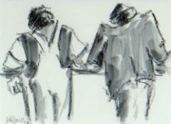 MIKE JONES mixed media - two farmers at a gate, signed, 16 x 22cms