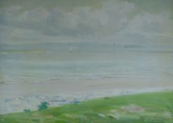 ROBERT FOWLER (1953-1926) oil on board - North Wales coast with distant sailboats, title to slip '