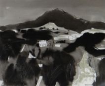 GWILYM PRICHARD pen and ink - Pembrokeshire landscape with buildings, entitled verso 'St David's',