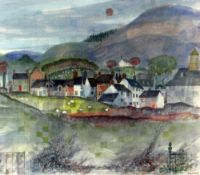 RAY EVANS watercolour - mid Wales village with colourful houses & sheep, entitled verso 'Cemaes,