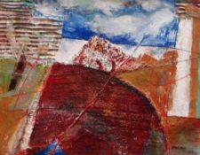 PAUL REES FRSA oil & construction on board - semi-abstract entitled verso 'Llantwit Major', signed &
