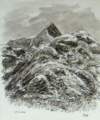 SIR KYFFIN WILLIAMS RA pen & wash - mountains under grey sky, titled 'Cnicht', signed initials lower