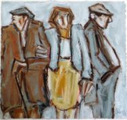 MIKE JONES mixed media - entitled verso 'Two Farmers & Lady II', signed, 24 x 25.5cms