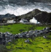 WYN HUGHES oil on board - Welsh hillside farmstead, signed & entitled 'Penbryn', 30 x 30cms