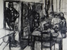 SHANI RHYS JAMES MBE charcoal - domestic kitchen study of figures at table, entitled verso 'The
