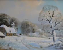 PETER COSSLETT oil on canvas - snowy village scene with horse & cart with church in background,