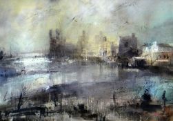 WILLIAM SELWYN watercolour - Caernarfon Castle & harbour with boats, signed, 47 x 67cms