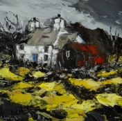 WYN HUGHES oil on board - Welsh cottage & red barn entitled 'Cae Eithin', signed, 30 x 30cms