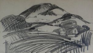 GWILYM PRICHARD charcoal - Anglesey landscape with farmstead, signed, 21 x 37cms
