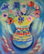 KAREN PEARCE pastel - still life vase of colourful anemones / mixed flowers, signed, 56 x 68cms