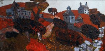 GWILYM PRICHARD oil on board - Penmon Priory with buildings etc, signed, 60 x 121cms