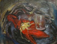 DAN LLYWELYN HALL oil on canvas - still-life entitled verso 'Two Jugs, Wrapped in Cloth', signed