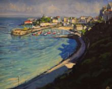 THOMAS HASKELL oil on board - Tenby harbour on a bright day, signed with initials, signed and