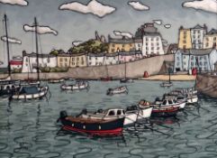 ALAN WILLIAMS oil on board - boats and buildings, entitled verso 'Tenby Harbour', signed, 44 x