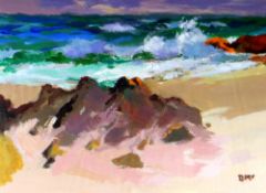 DONALD McINTYRE acrylic - Scottish coastal scene with rough seas, signed with initials & entitled
