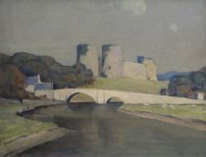 HARRY HUGHES WILLIAMS oil on canvas - Rhuddlan Castle & Bridge, signed & entitled verso to