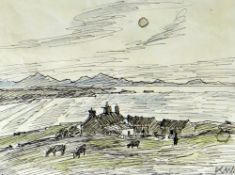 SIR KYFFIN WILLIAMS RA pen & wash - study of North Wales mountainous landscape with farm cattle &