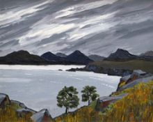 DAVID BARNES oil on board - coastal landscape, signed & entitled verso 'The Sutherland Hills', 40