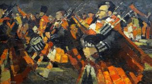 MILLICENT E AYRETON RCA oil on board - Scottish bagpipers marching, signed & entitled verso 'Cock of