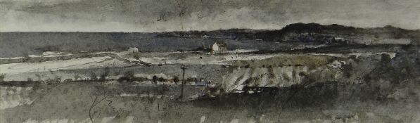 JOHN KNAPP FISHER watercolour - Pembrokeshire coastal landscape with cottages & telegraph pole,