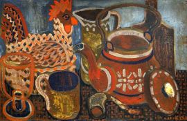 KAREL LEK oil on board - still life with hen on nest, signed & entitled verso, 38 x 58cms