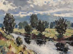 EDWIN (ED) FORREST oil - fine river Conwy scene with figures walking near the bank, signed in