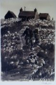 SIR KYFFIN WILLIAMS RA colourwash print - farmstead with a farmer & his dog descending a path,