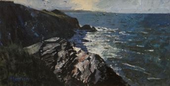 MEIRION JONES acrylic on board - Cardigan Bay coastal view, entitled verso 'Ynys Lochtyn', 33 x 62.