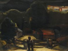 JOSEF HERMAN RA oil on canvas - important and prestigious oil on canvas with figure at a gate, under