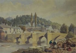 ATTRIBUTED TO JOHN SELL COTMAN watercolour - Llangollen Bridge with figures chatting by a wall &